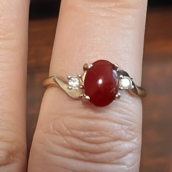 Dainty Carnelian 14K Gold 2 Diamond Ring GE ESPO Estate Size 7.75 Vintage - Picture 4 of 7